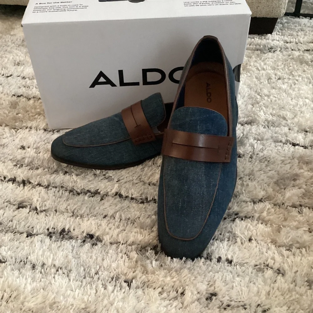 ALDO MEN SHOES SIZE 10 BLUE DENIM STYLING WITH BROWN LEATHER DETAIL - Picture 2 of 8